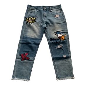MO&Co Women’s Donald Duck Patches Jean Sz 30x22” K- Fashion Distressed Y2K Edgy